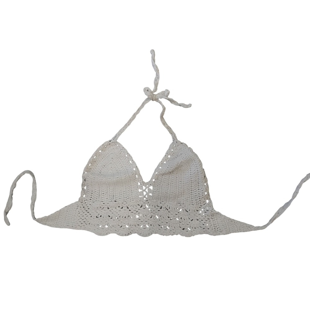 Lakhays Crochet Halter Top Cream Boho Festival Bralette Off White Cotton Small